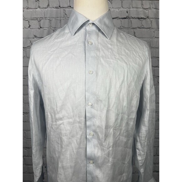 MNG 100%Linen Mens Medium Regular Fit Long Sleeve Button Up Shirt Light Blue - Picture 4 of 8
